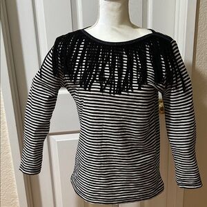 Maje Black and White Striped Long Sleeve Top with Fringe